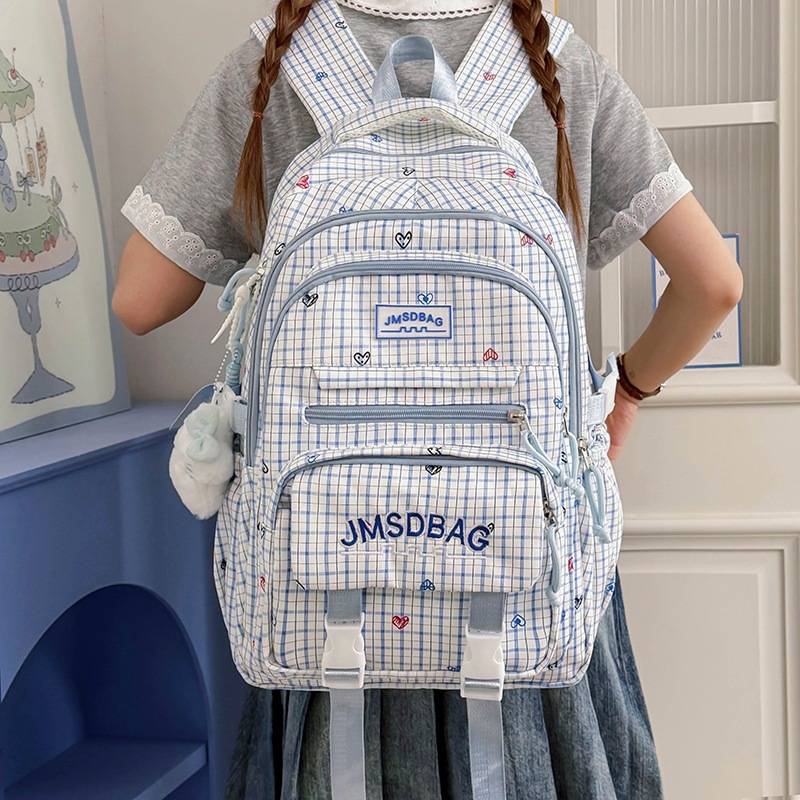 高档品牌新款学院风书包日系复古格子双肩包女高中学生书包大容量