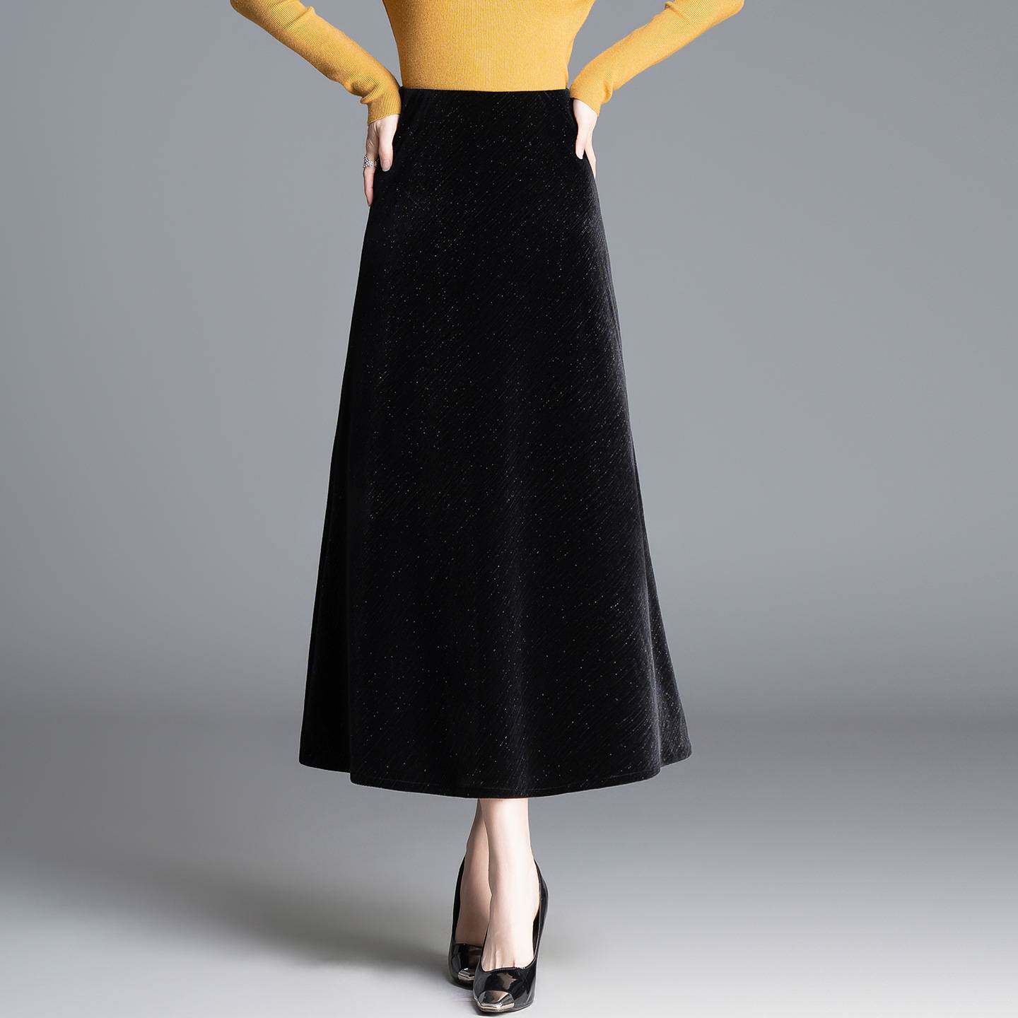 高档品牌黑色星空闪金丝绒半身裙女2026春秋新款高腰显瘦中长裙气