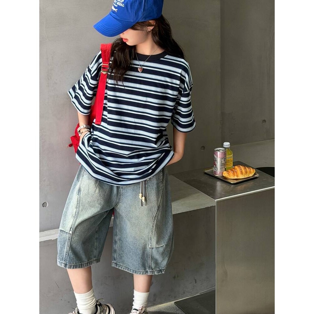 高档品牌女童夏装套装2026新款儿童宽松休闲风条纹短袖T恤牛仔中