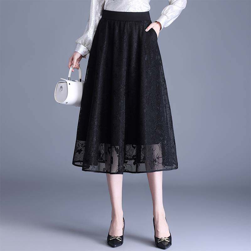高档品牌黑色网纱半身裙女2026春秋新款高腰遮胯显瘦a字裙中长款