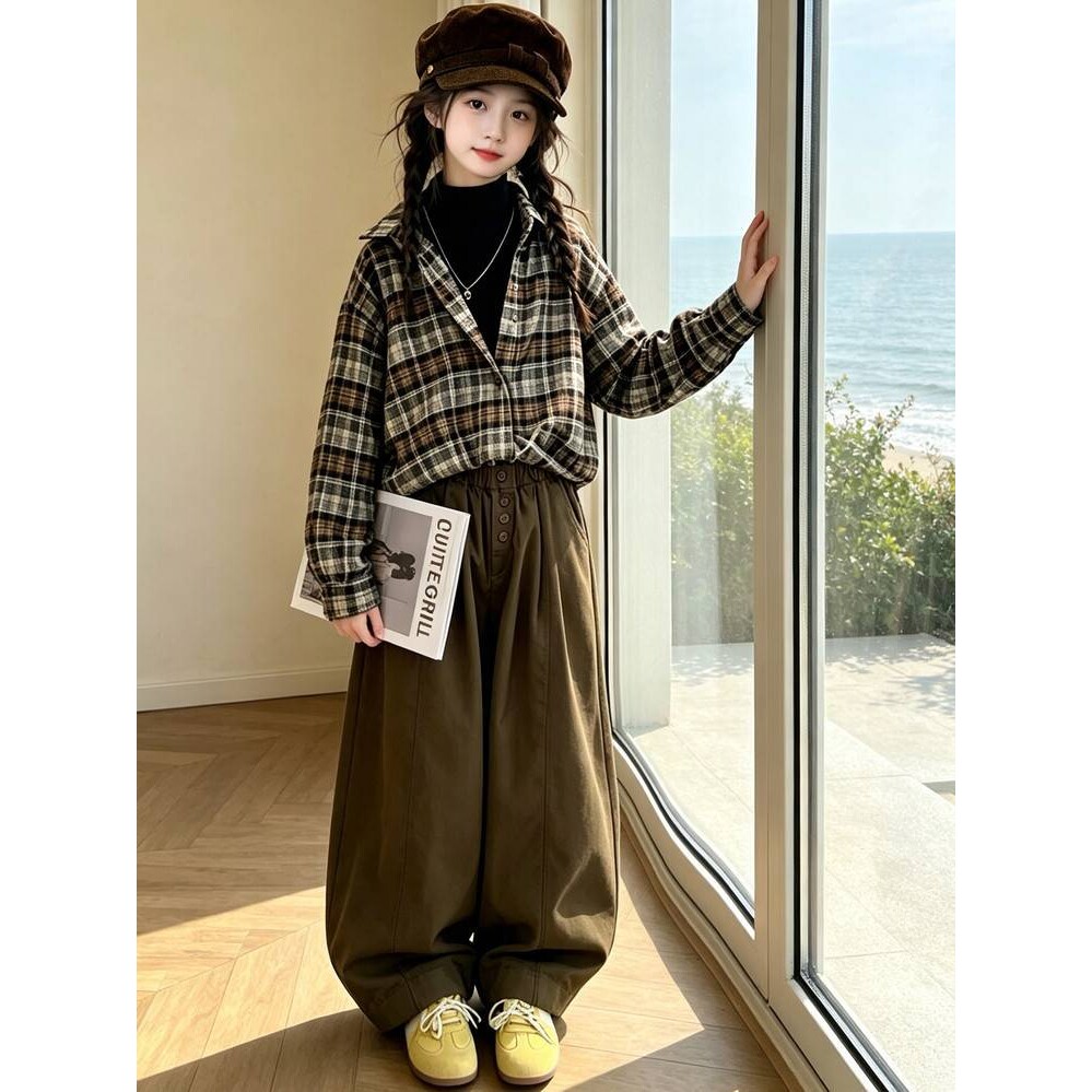 高档品牌女童格子衬衫打底衫长袖套装中大童宽松显瘦阔腿裤儿童秋