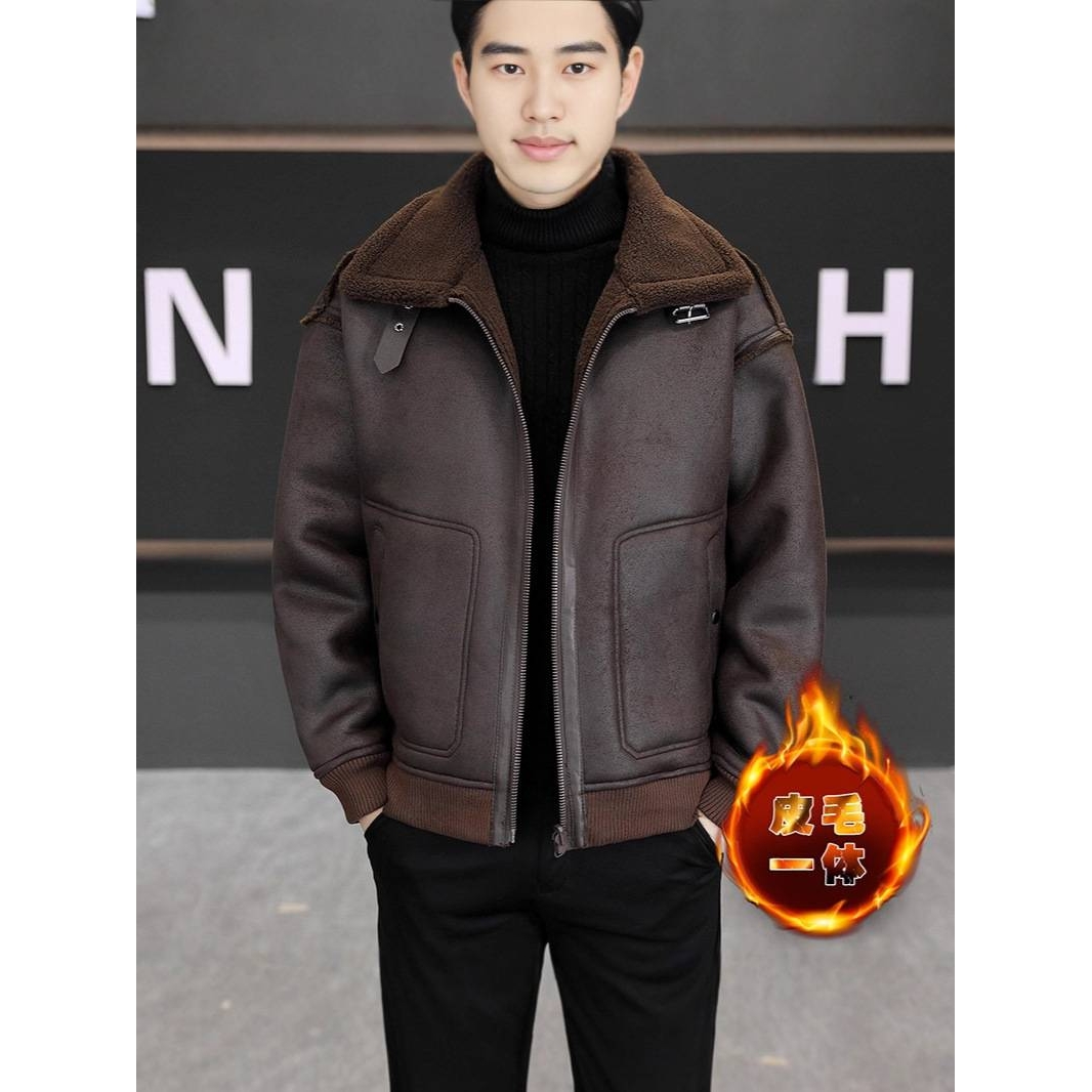 高档品牌男士加绒加厚羊羔绒皮衣2025秋冬新款男装青年时尚休闲潮