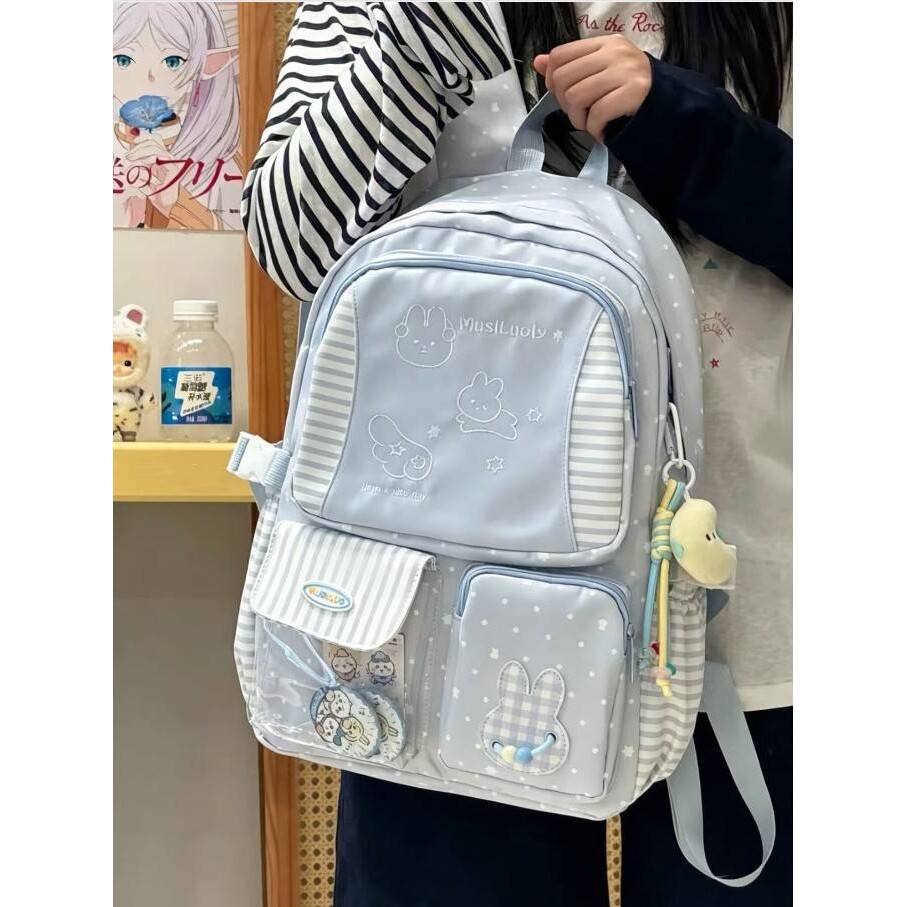 品牌清爽奶蓝可爱兔子刺绣双肩包高颜值可爱波点初高中女生甜美双