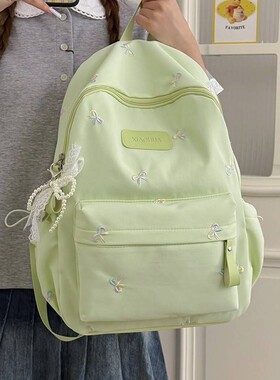 品牌清透浅绿七彩蝴蝶结刺绣背包女生假期逛街旅行学生上课甜美书