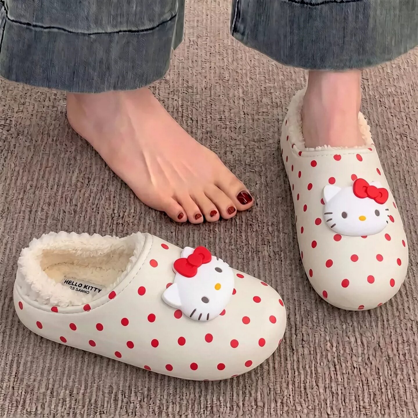 正版HelloKitty防水棉拖鞋女款冬季室内加绒保暖厚底防滑居家棉鞋