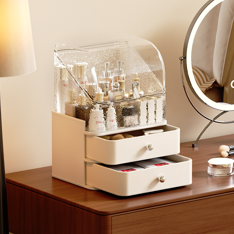 德国化妆品收纳盒高级感大容量防尘梳妆台皮质抽屉式护肤品整理