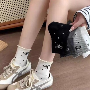 秋冬热卖 袜子女中筒蝴蝶结圆点花边日韩女袜甜美淑女风萝莉少女袜