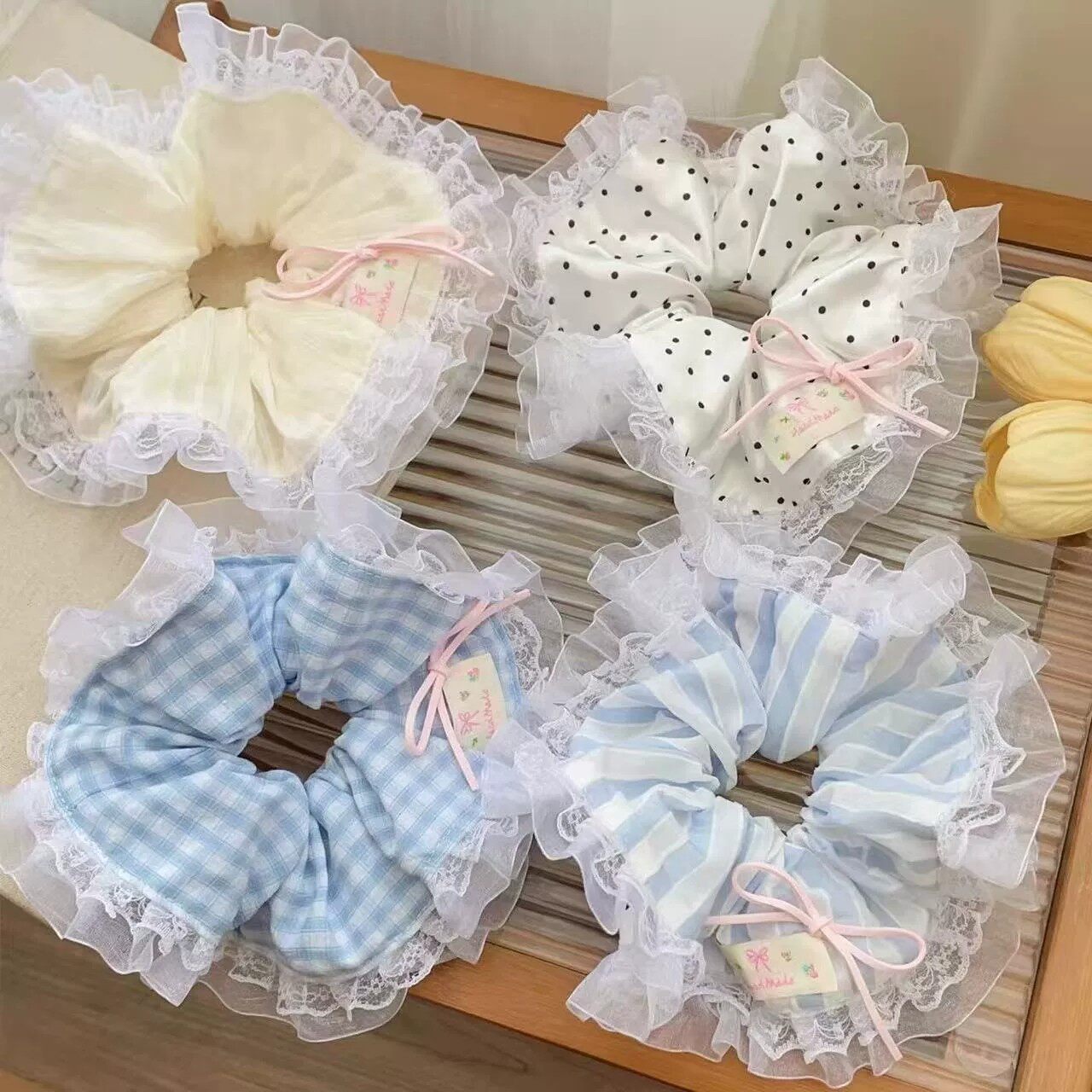 韩系ins风蕾丝花边蝴蝶结大肠发圈女甜美慵懒风头花头绳发绳皮筋图片