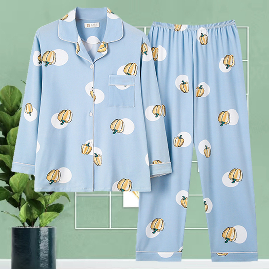 中年妈妈100%纯棉睡衣女春秋长袖开衫加大码中老年女生