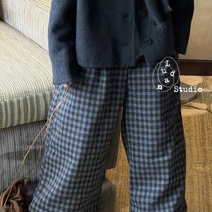 卤蛋童装·悉尼返校生/冬时髦小众格子瓷青毛呢加绒休闲裤男女童