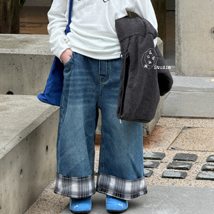卤蛋童装：番外剧本/冬款时髦加绒格子翻边九分牛仔裤直筒男女童