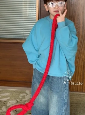 卤蛋童装·蓝色幻想曲/冬韩版宽松时髦蓝龟背长袖加绒卫衣男女童