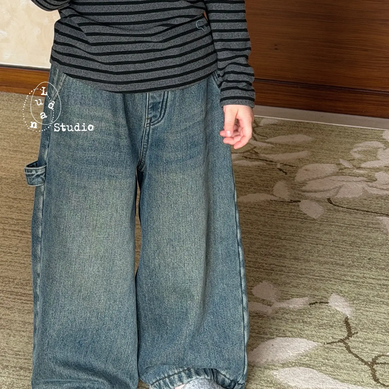 卤蛋童装·深蓝经典/冬洋气复古色砂洗做旧加绒牛仔裤直筒男女童