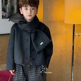 卤蛋童装·慵懒收藏家/秋冬韩版小众羊毛大衣短款黑色外套男女童