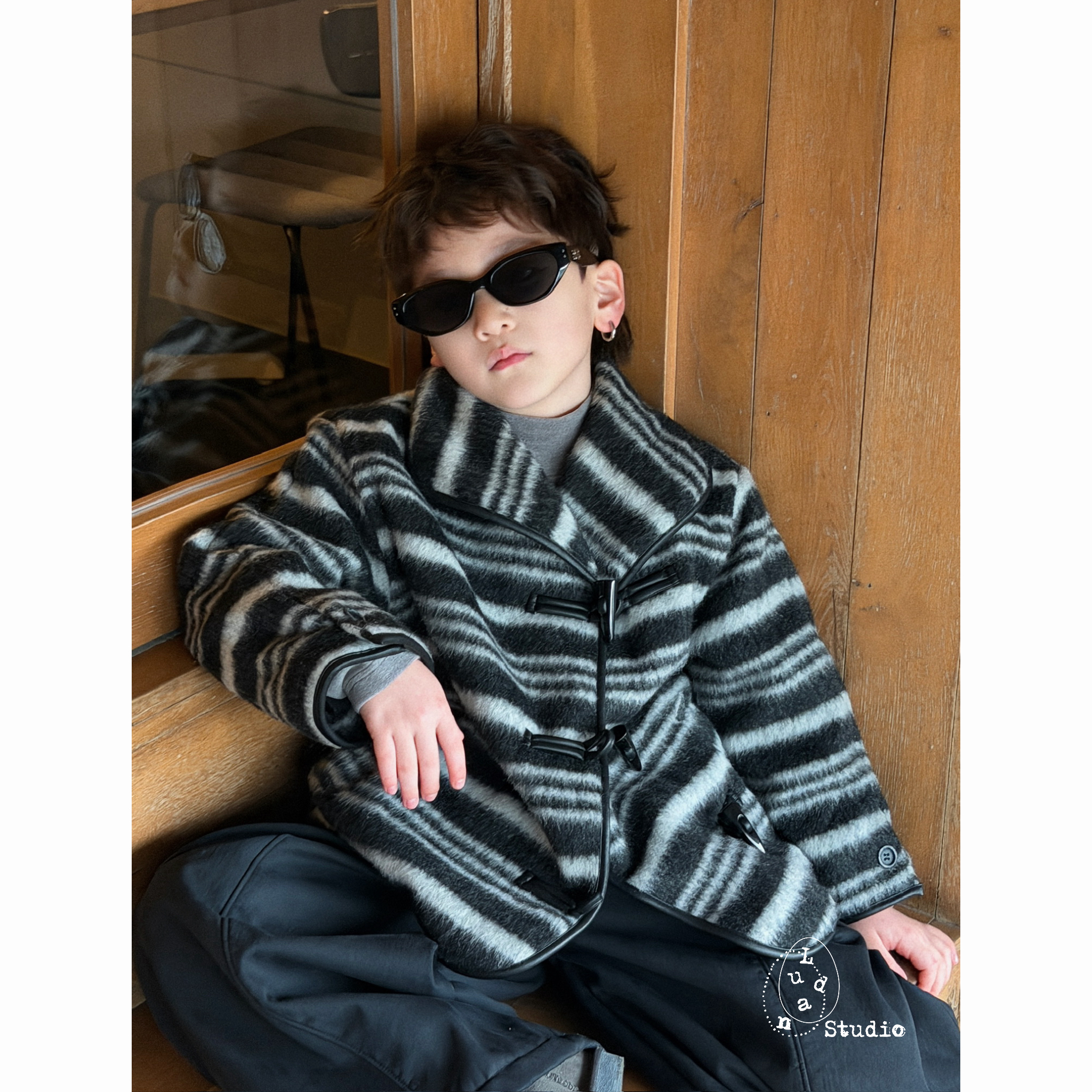 卤蛋童装·绒绒雪松/冬韩版牛角扣条纹30羊毛混纺外套棉服男女童