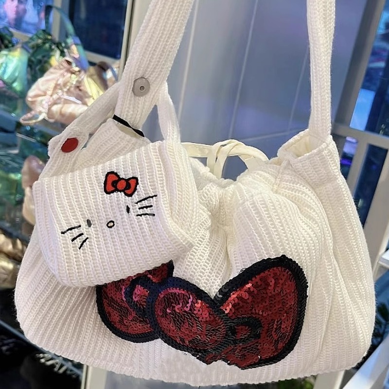 饺子包女24新针织亮片蝴蝶结大容量福袋手拎腋下包kitty猫单肩包