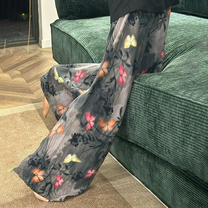 垂感遛弯裤蝴蝶油画绵绸裤女松弛感休闲裤加长睡裤家居防蚊空调裤