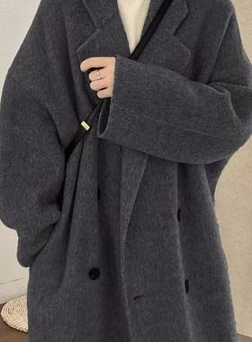 深灰色慵懒宽松感毛呢大衣女秋冬新款小个过膝中长款呢子外套