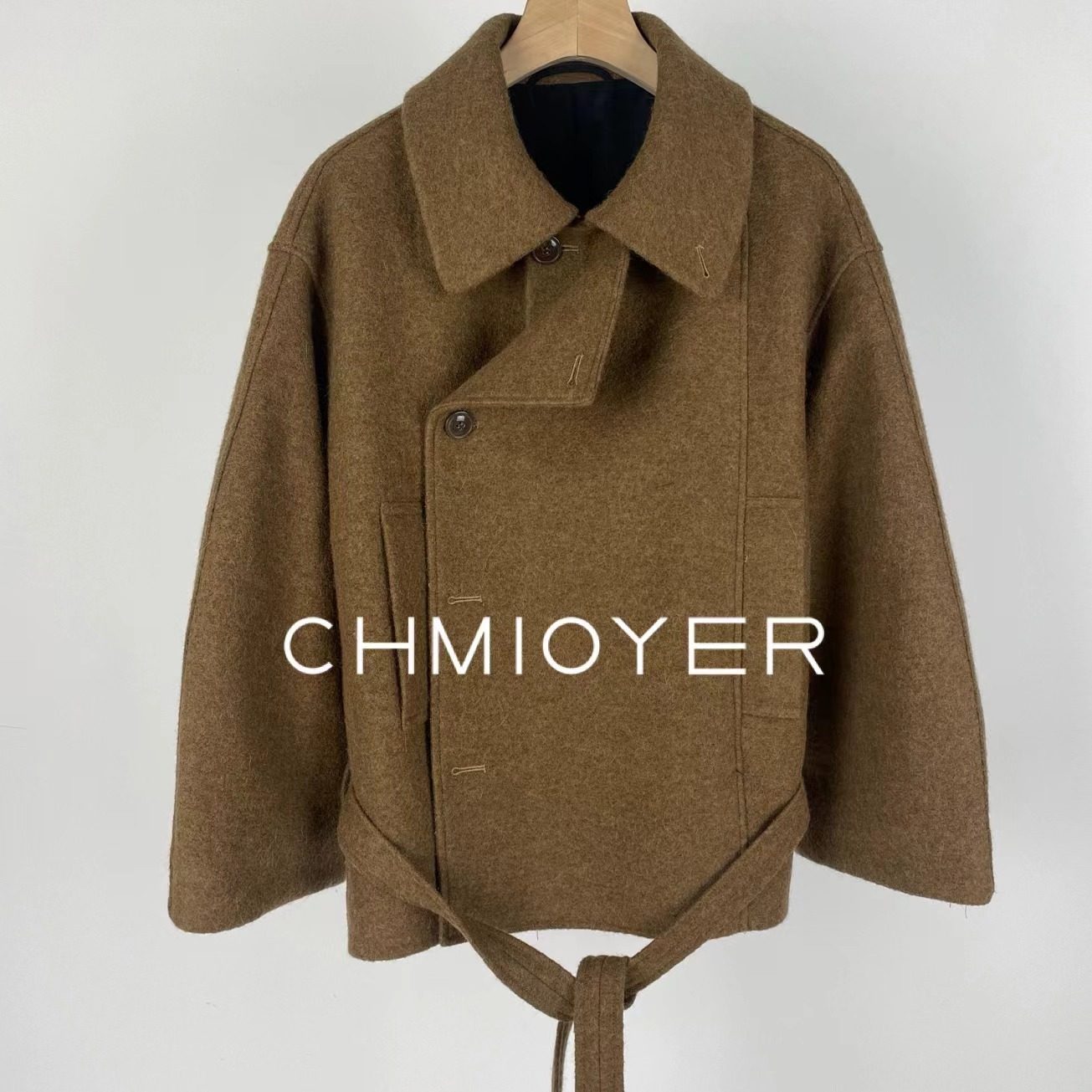 thumbnail for Lem@I~ Asymmetrical Alpaca Wool Short Bathrobe for Women 25 Autumn and Winter Wool Gray-Green Woolen Coat Black Jacket