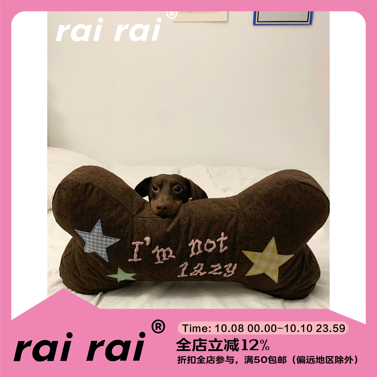 rairai原创“i am not lazy”可爱刺绣狗骨头靠枕ins风玩偶公仔