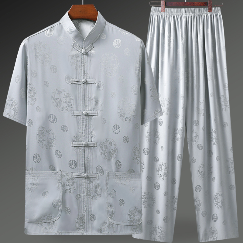 唐装男冰丝短袖夏季中老年爸爸装薄款套装老人衣服中国风爷爷夏装