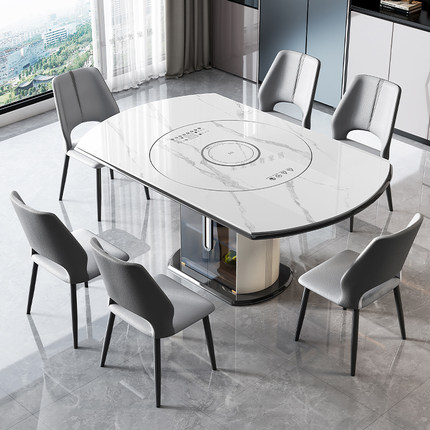 轻奢岩板多功能伸缩餐桌椅电磁炉电动暖菜板可变圆桌饭桌可配转盘