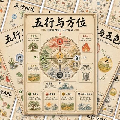54张五行学说贴纸木火土金水生克医理论五脏六腑五色五味属性速查