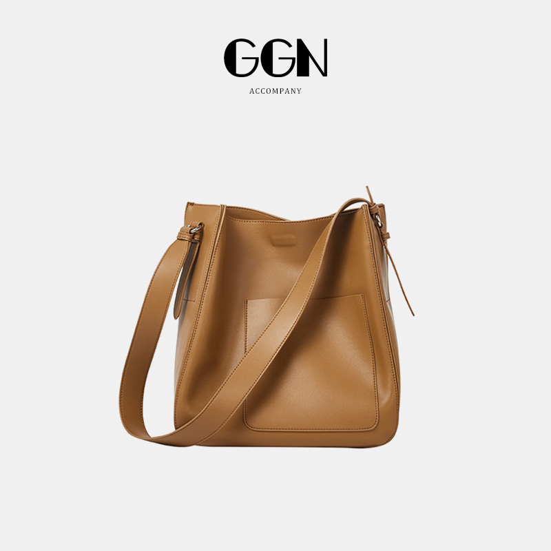 GGN新款时尚通勤真皮女包包高级感小众复古大容量单肩斜挎水桶包