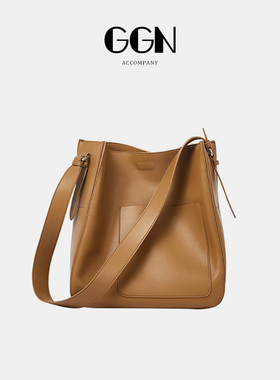 GGN新款时尚通勤真皮女包包高级感小众复古大容量单肩斜挎水桶包