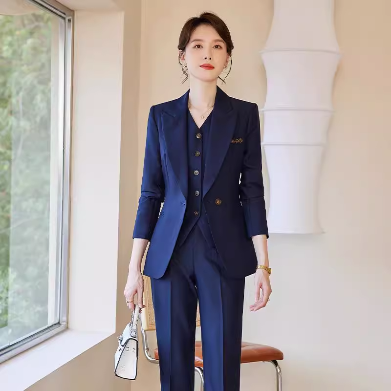 诗璐雅西装套装女2025秋冬新款长袖职业装干练职场通勤马甲三件套