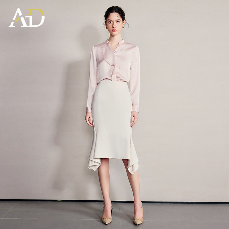 AD新款衬衫女高级感轻奢减龄粉色缎面长袖衬衣套装2025新款鱼尾裙