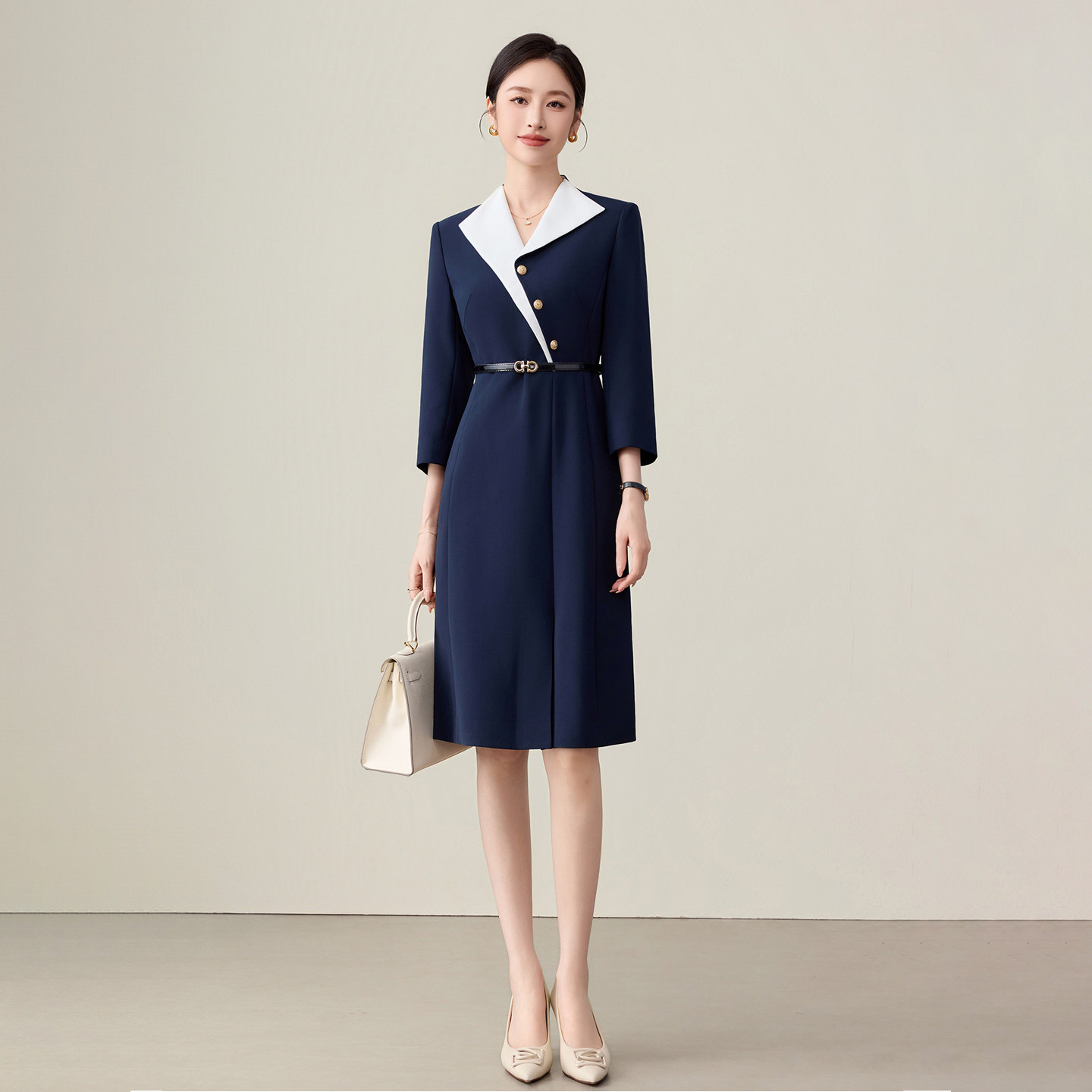 钟老板 藏青色西装连衣裙女2025新款高级感气质V领通勤职场正装裙