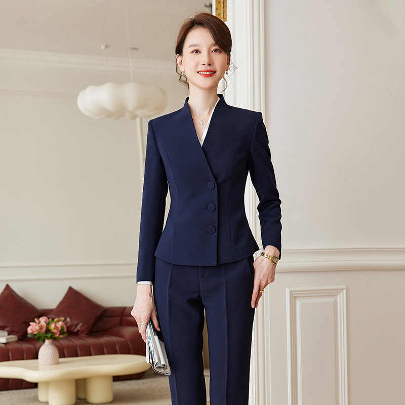 诗璐雅V领西装套装女长袖气质酒店经理工作服小个子修身职业西服