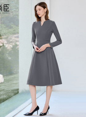 艾尚臣灰色职业连衣裙女气质设计感职业装优雅裙子正式场合工作服