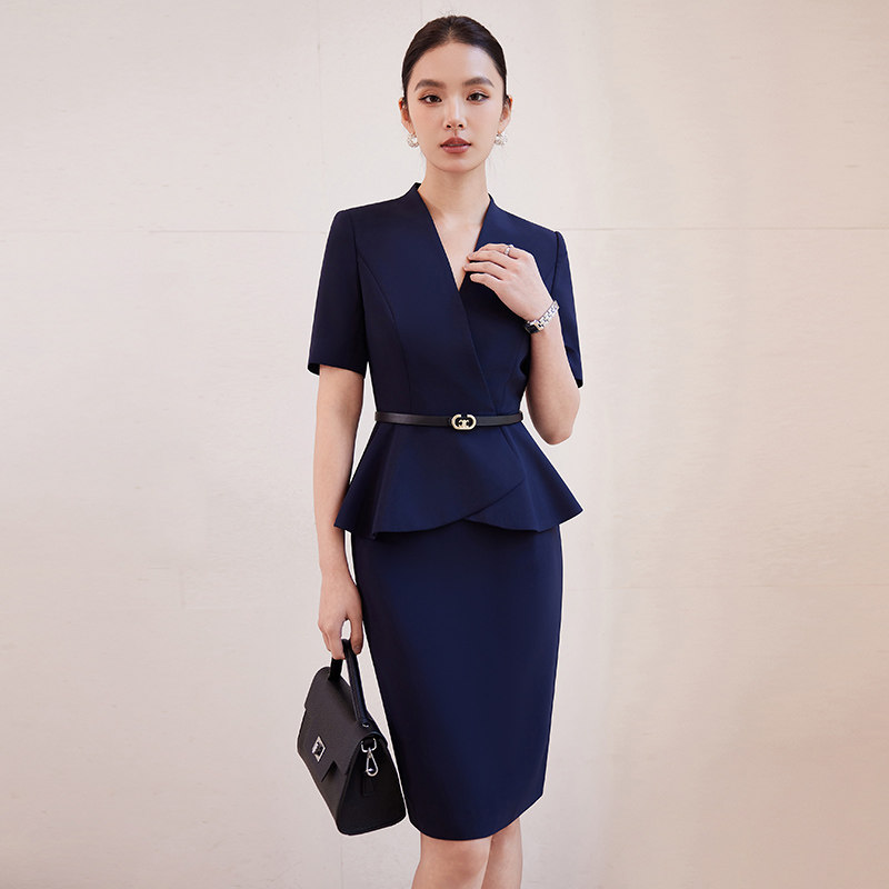 诗璐雅短袖职业套装女气质美容院前台接待工作服西装包臀裙正装夏