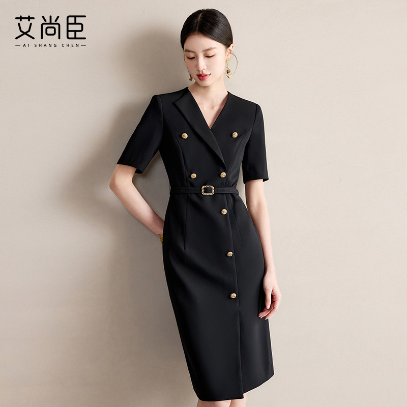 短袖黑色连衣裙西装裙女2025夏新款法式赫本风小黑裙职场通勤裙子