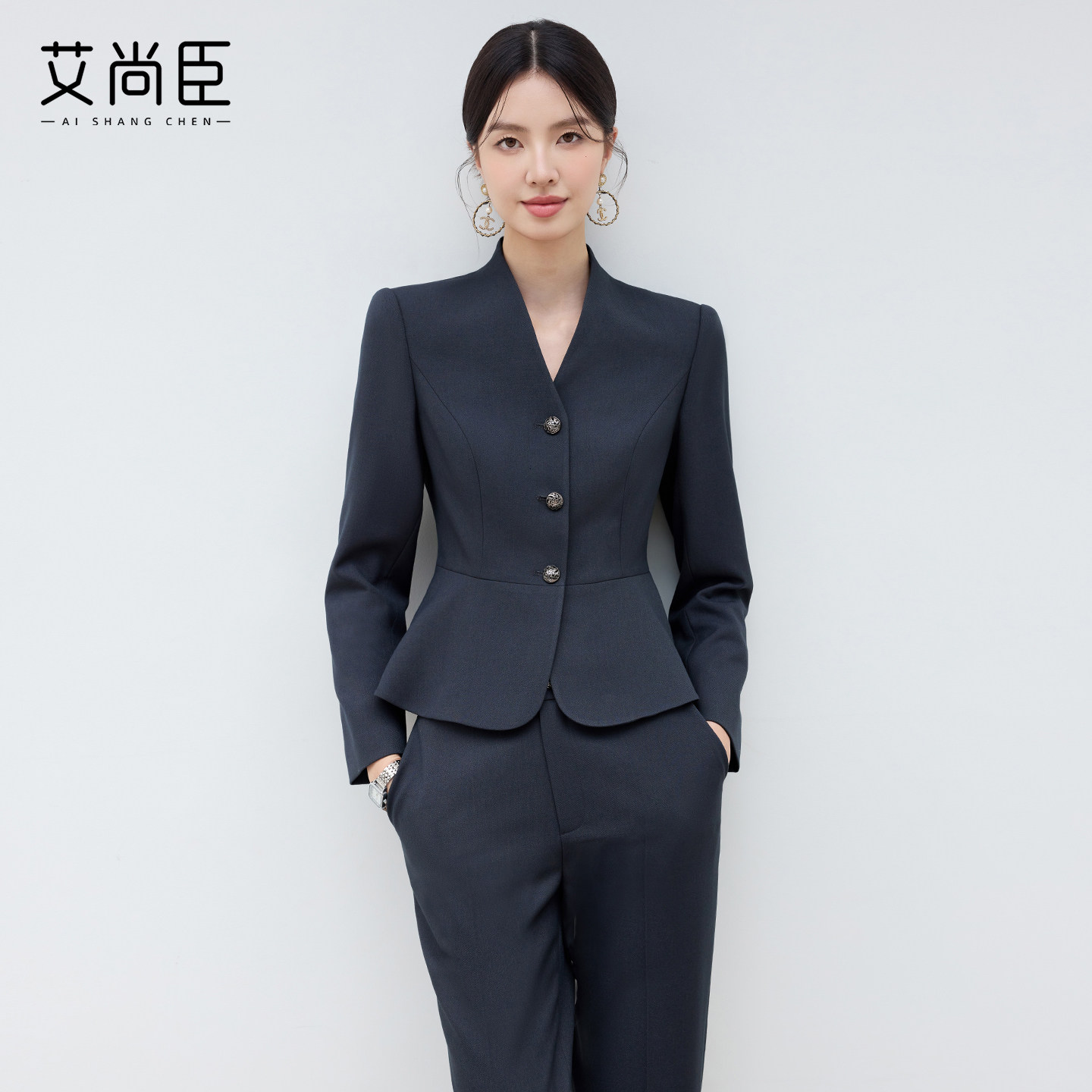 艾尚臣新款高级感青灰色西装时尚气质酒店经理接待西装套装两件套