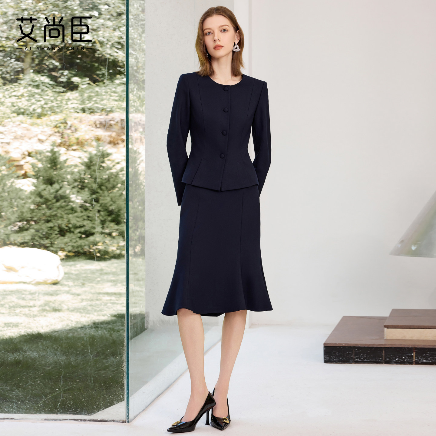 艾尚臣时尚西装套装裙女秋季新款藏青色气质西服半裙两件套工作服