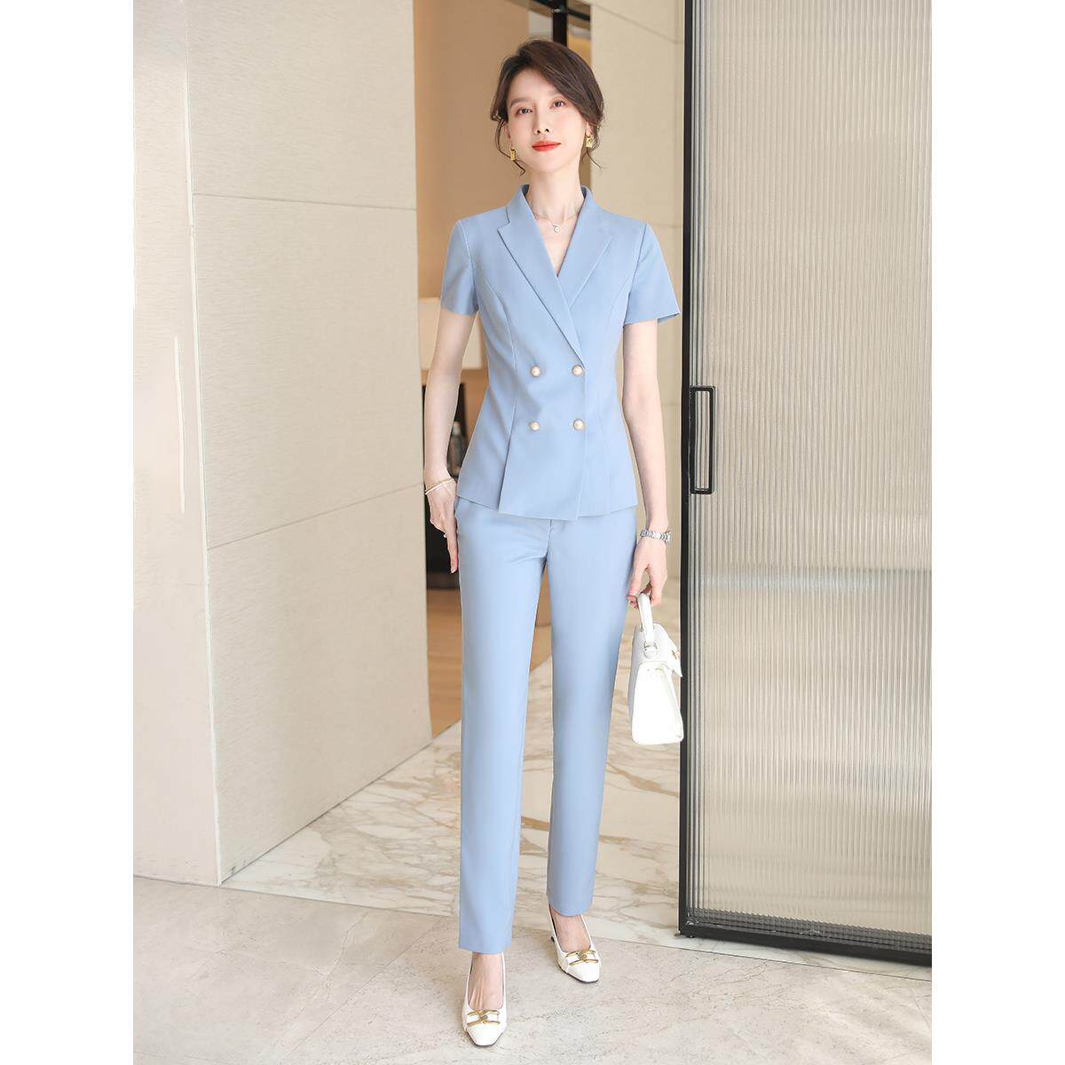 诗璐雅西装套装女士蓝色短袖西服职业装夏季名媛女神范高端OL正装