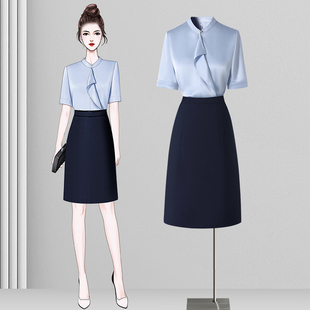 夏季蓝色短袖衬衫女上衣高级感轻奢减龄洋气通勤穿搭职业衬衣套装