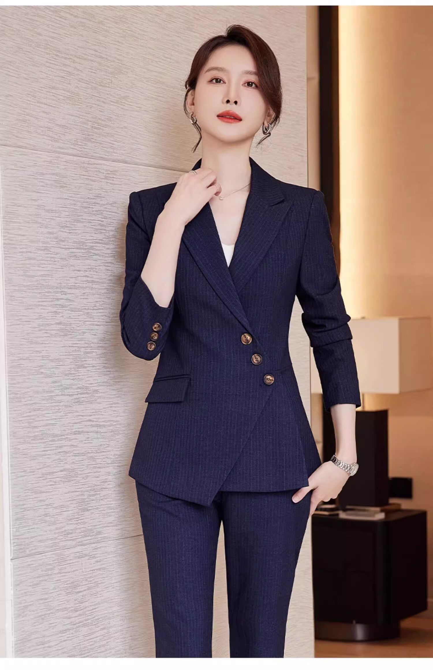 诗璐雅2026秋冬季西服套装女设计感条纹显瘦时尚ol正装教师工作服
