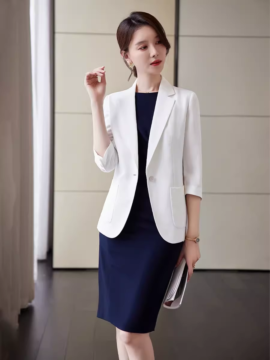诗璐雅白色中袖西装外套女薄款教师面试职业装无袖连衣裙套装高端