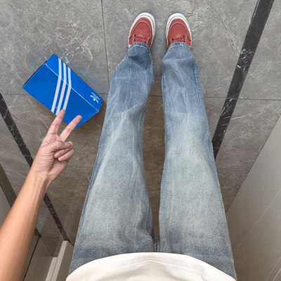 复古蓝闪电纹水洗牛仔裤男款美式高街vibe裤子修身显瘦直筒微喇裤