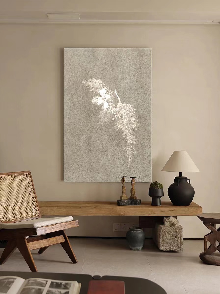 手绘油画侘寂风玄关装饰画花卉树叶禅意客厅抽象挂画民宿酒店无框图片