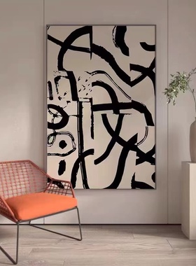 手绘油画侘寂风抽象黑色线条装饰画客厅卧室床头沙发背景墙落地画