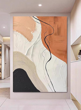 纯手绘油画橙色现代简约抽象肌理走廊玄关画黑白客厅大幅落地挂画