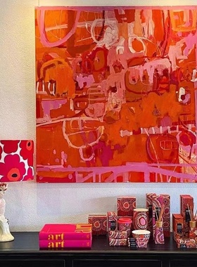 纯手绘油画闻延客厅立体抽象肌理画餐厅会所玄关红色大幅方形挂画