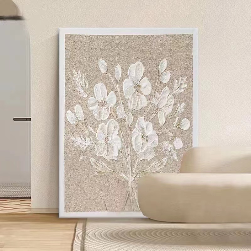 手绘油画法式奶油风玄关装饰画餐厅客厅卧室抽象立体肌理花卉挂画图片
