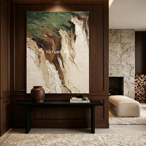 手绘油画浩渺中古侘寂风现代客厅装饰画大地色原木风艺术玄关挂画