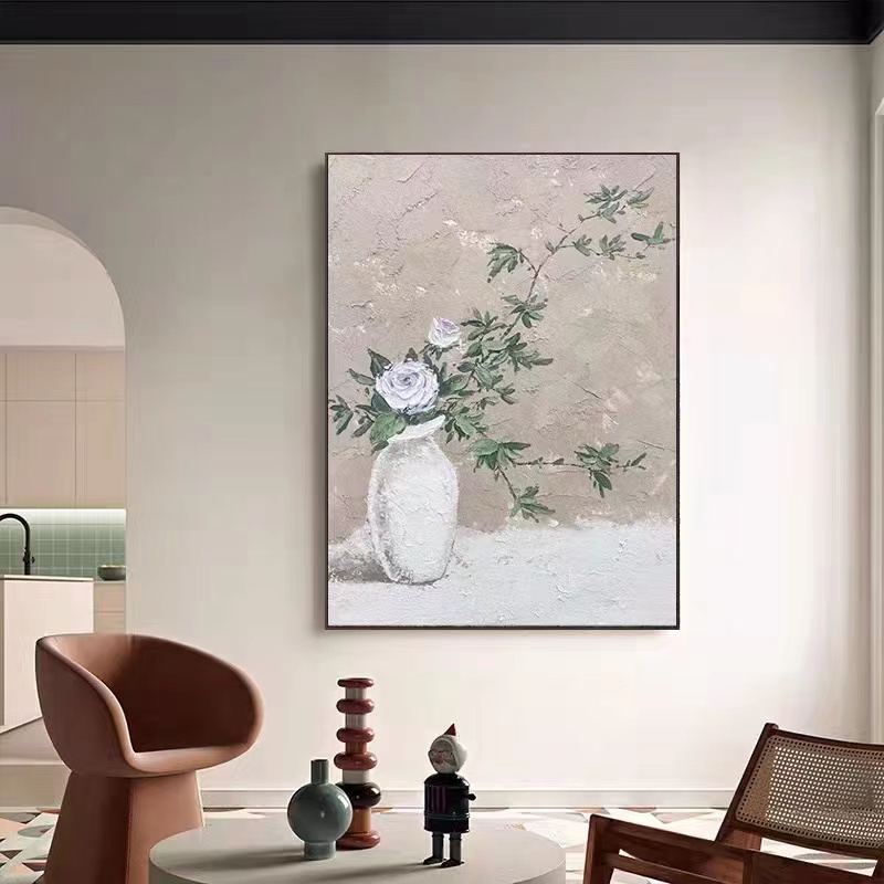 手绘油画立体花卉肌理装饰画现代简约侘寂风玄关客厅沙发背景挂画图片